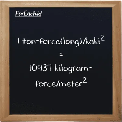 1 ton-force(long)/kaki<sup>2</sup> setara dengan 10937 kilogram-force/meter<sup>2</sup> (1 LT f/ft<sup>2</sup> setara dengan 10937 kgf/m<sup>2</sup>)